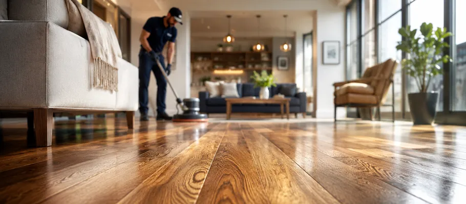 Hardwood floor cleaning company technician polishing a wood floor in Chicago