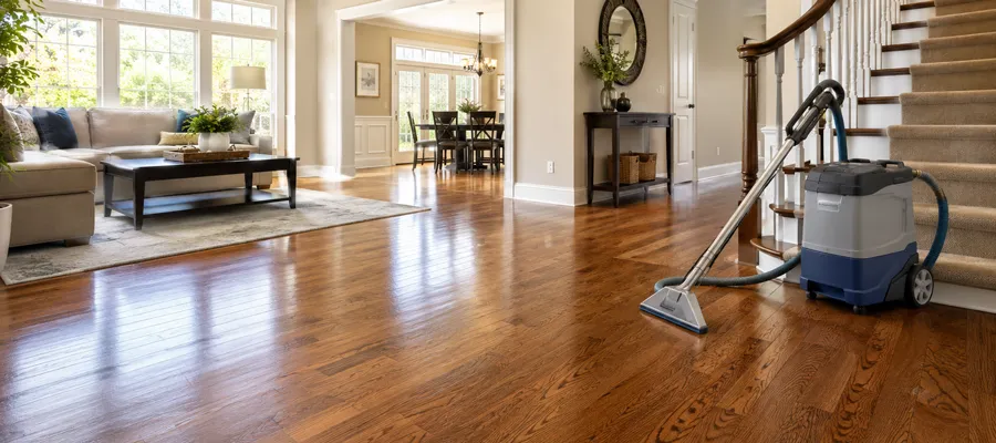 Professional hardwood floor cleaning in Chicago suburbs with floor cleaning machine