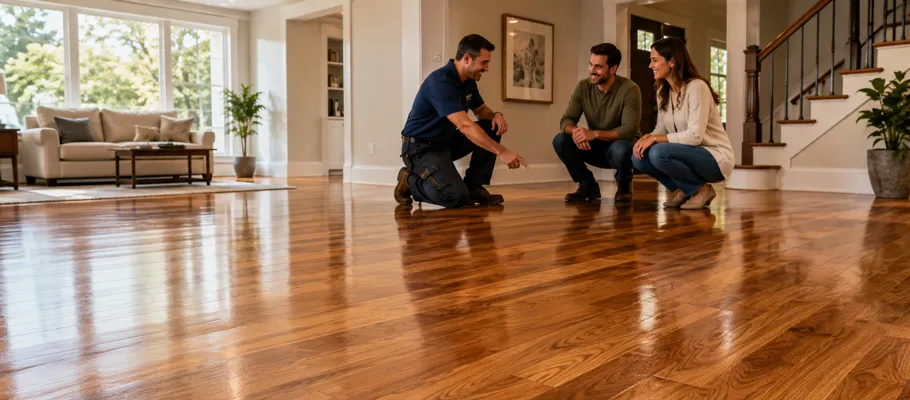 Hardwood floor cleaning technician with customer in a Chicago home