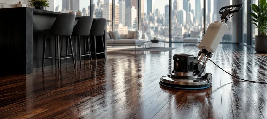 Professional hardwood cleaning services in Chicago with floor buffing machine